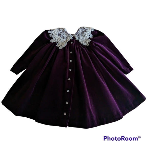 Peaches & Cream Dress Sz 3T Royal Purple Pearl White Buttons Lace Collar Vintage - Picture 6 of 8